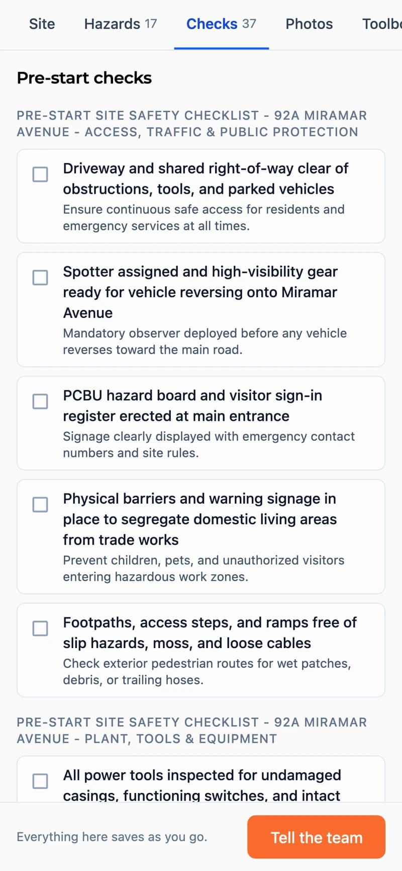 Apollo pre-start checklist on a phone