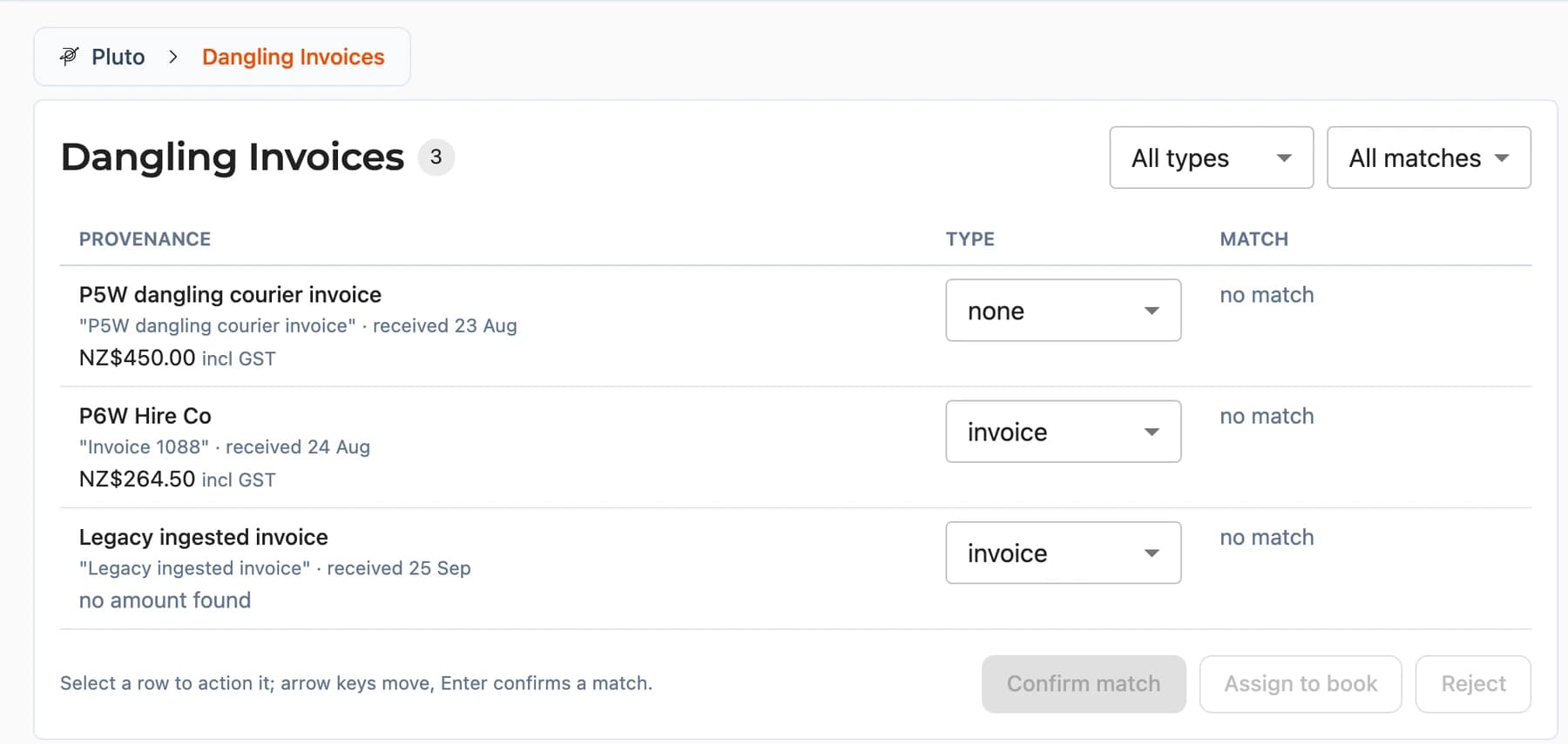 Pluto list of supplier invoices waiting to be matched to a job
